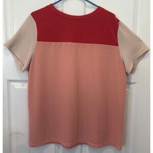Dokotoo Women's Short-Sleeve Size XL Shirt Beige Blush Red Stretchy Comfort EUC
